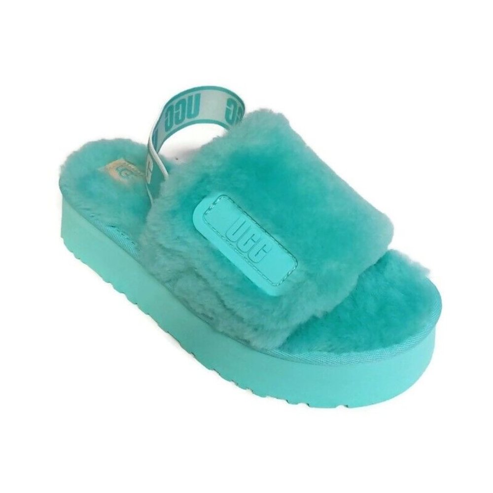 UGG Size 7 Disco Slide Sheepskin Platform Slippers Tide Pool Blue Green 1112258